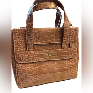 Bebe Croc Tan Brown Caramel Structured Style Faux Leather Croc Texture Handbag